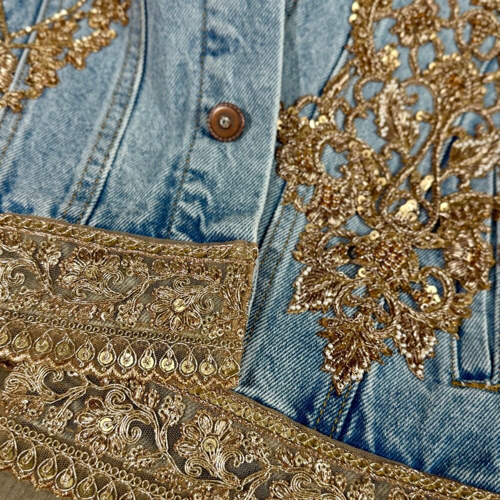 Denim Jacket Hand Embellished with appliqué, sequins, beads and embroidery - Picture 13 of 17